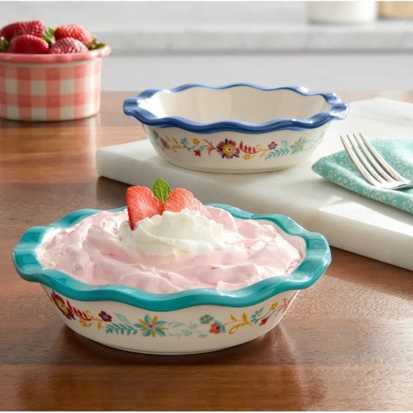 2024 🌺 New Pioneer Woman Keepsake Floral 4.75" Ceramic Mini Pie Pans, Set of 2 - Picture 2 of 8